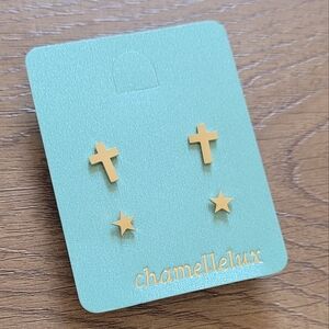 2 Pairs Set Cross / Star Christianity Stainless Steel Stud Earring